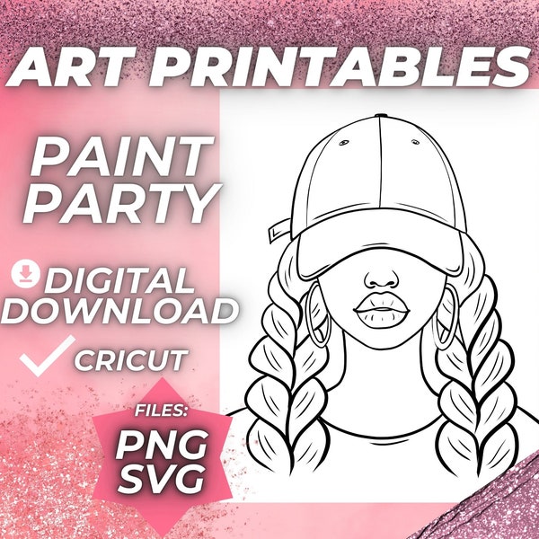 Afro Paint and Sip SVG Pre drawn Outline Canvas Pre Sketched Art Party Drawing for canvas. Diy Paint kits. Instant Download PNG