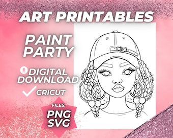 Afro Paint and Sip SVG Pre drawn Outline Canvas Pre Sketched Art Party Drawing for canvas. Diy Paint kits. Instant Download PNG