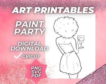 Afro wine and paint Ladies night Predrawn Paint and Sip Diy Paint kits Pre drawn Outline canvas Painting Pre Sketched Art Party Paint