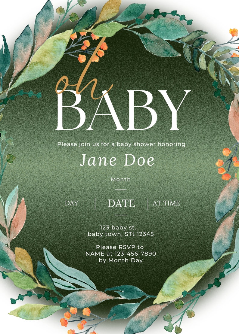 Green Nature Themed Baby Shower Invitation, Neutral Shower Invitation