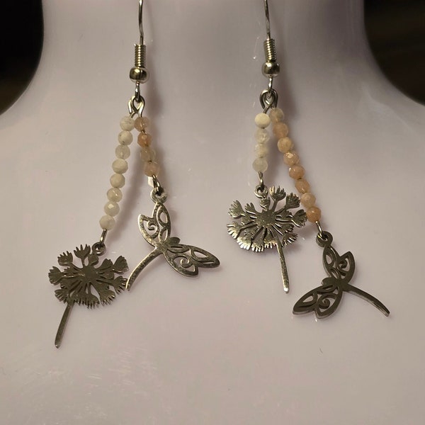 Dandelion Seed and Dragonfly with Moonstone Earrings