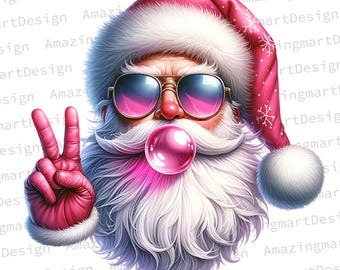 Papá Noel retro soplando burbujas, Papá Noel divertido con gafas de sol, descarga digital de sublimación de vacaciones de Navidad, Feliz Navidad vintage Png