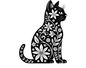 Floral Cat Svg, Flowers Cat Svg, Floral Animal Png, Cat Silhouette Clipart, Cute Cat Png, Cat Lover Svg Black and White, Digital Files