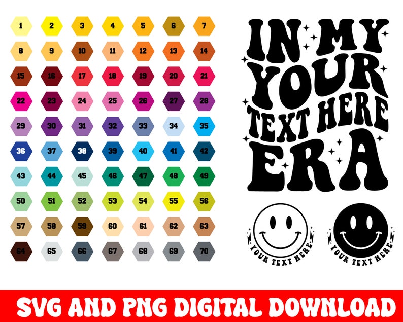 May include: A digital download of a design featuring the text "In My Your Text Here Era" in a retro, groovy font. The design is in black and white and includes two smiley faces with the text "Your Text Here" around them.