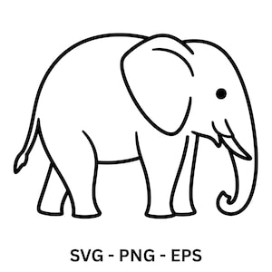 May include: A black and white line drawing of an elephant. The elephant is facing right, with its trunk curled up. The image includes the text "SVG - PNG - EPS" at the bottom.