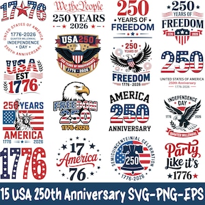May include: A selection of designs commemorating the 250th anniversary of the USA, featuring the years 1776 and 2026. The designs include eagles, flags, and the Statue of Liberty, in red, white, and blue. The text includes 'Freedom'.