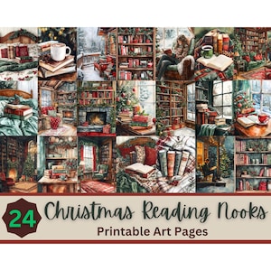 Gezellige kerstleeshoekafdrukken | Vakantiemuurkunst | Plakboekpapier | Kerstkaarten maken | Ongewenste dagboek voor boekenliefhebber | Kleine kunstafdruk