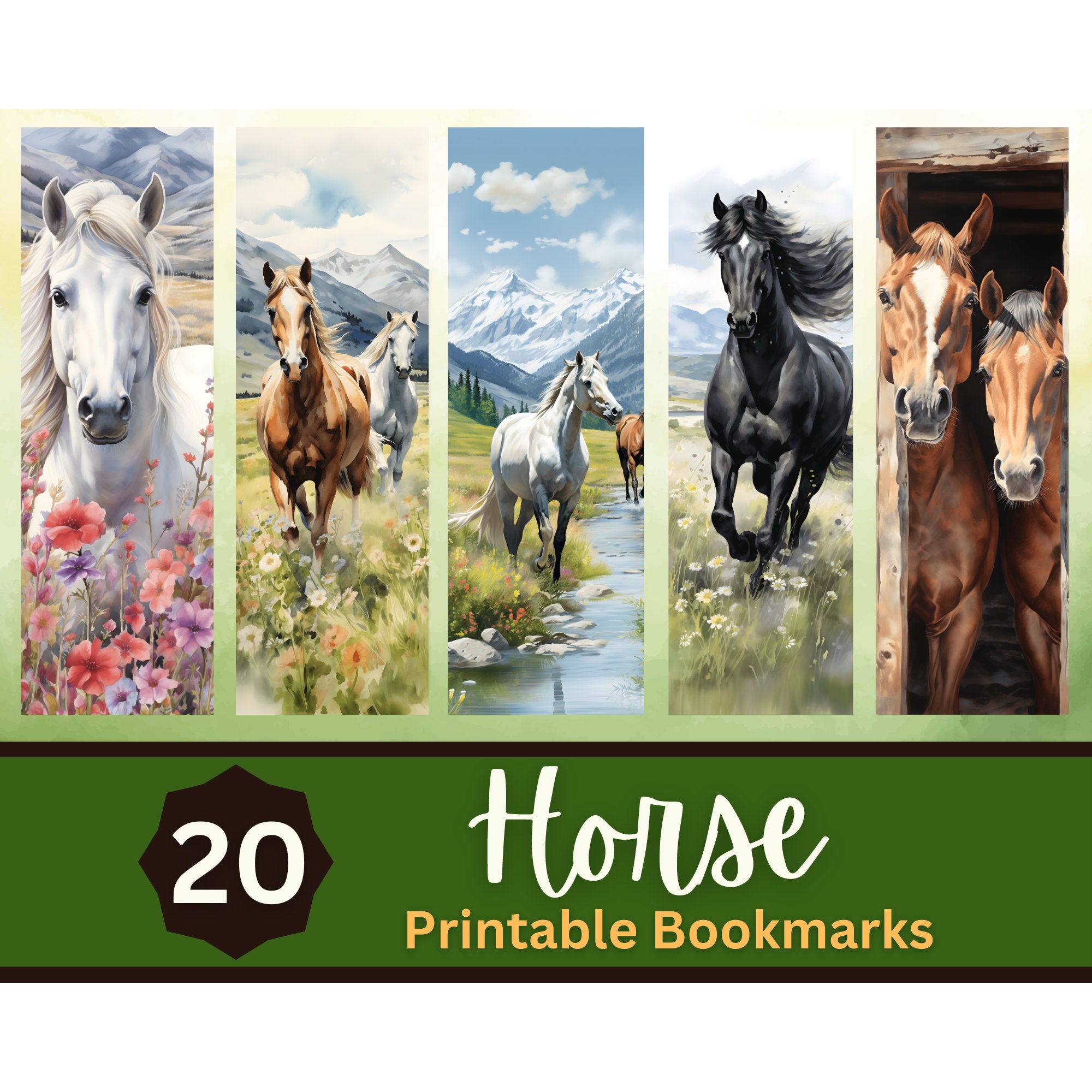 Watercolor Horse Printable Bookmark PNG Bundle | Farm Animal Bookmark ...