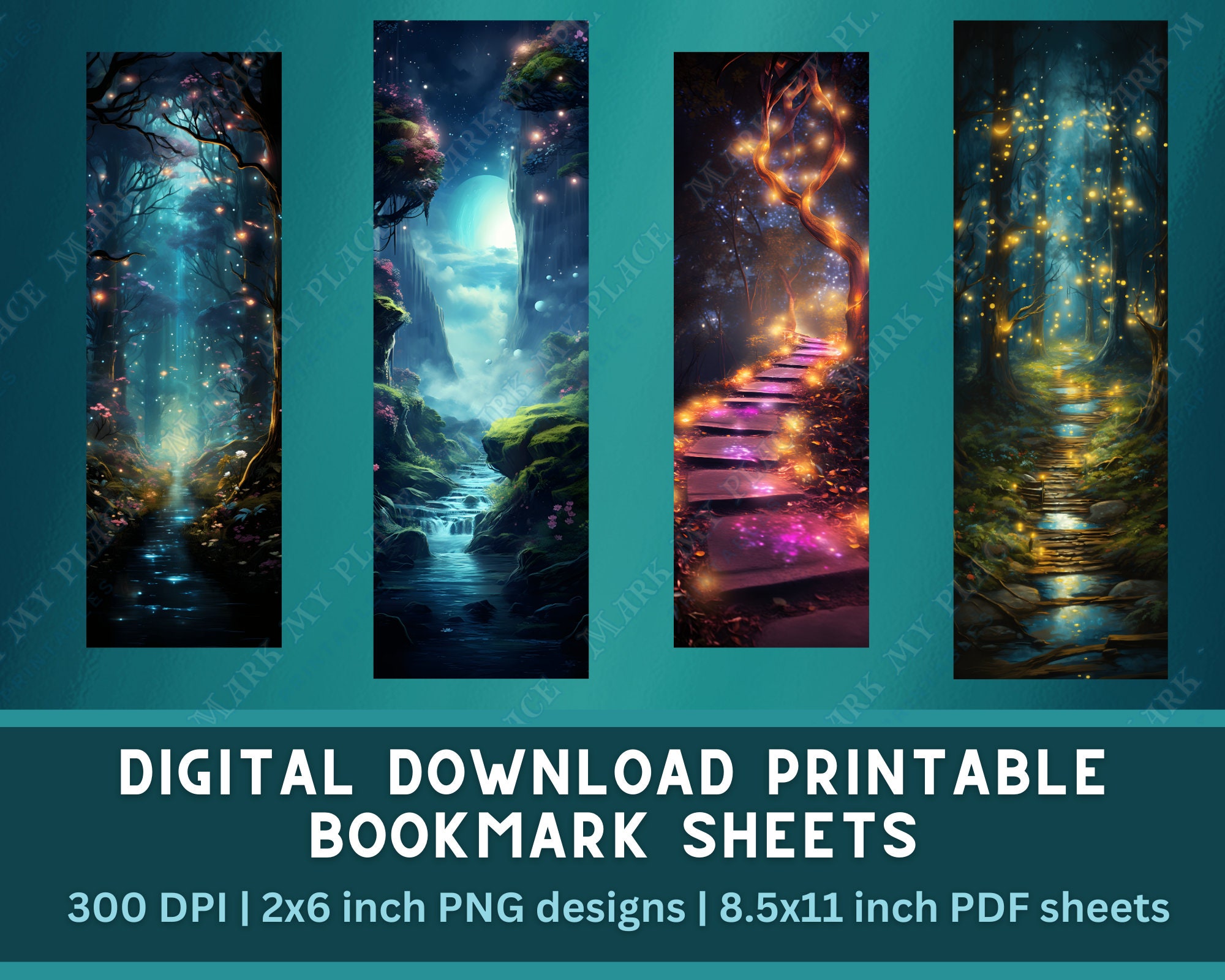 Starry Forest Printable Bookmark PNG Bundle | Fantasy Forest Bookmark ...