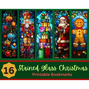Puede incluir: Conjunto de 16 marcapáginas de Navidad imprimibles con diseños de vitrales. Los diseños incluyen un cascanueces, una pila de regalos, Santa Claus y un hombre de jengibre.