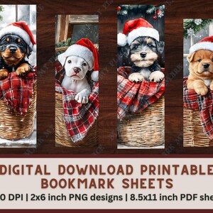 May include: Digital printable bookmark sheets featuring four adorable puppies wearing Santa hats. Each puppy is nestled in a woven basket lined with a red and black plaid blanket. The bookmarks are 2x6 inches.