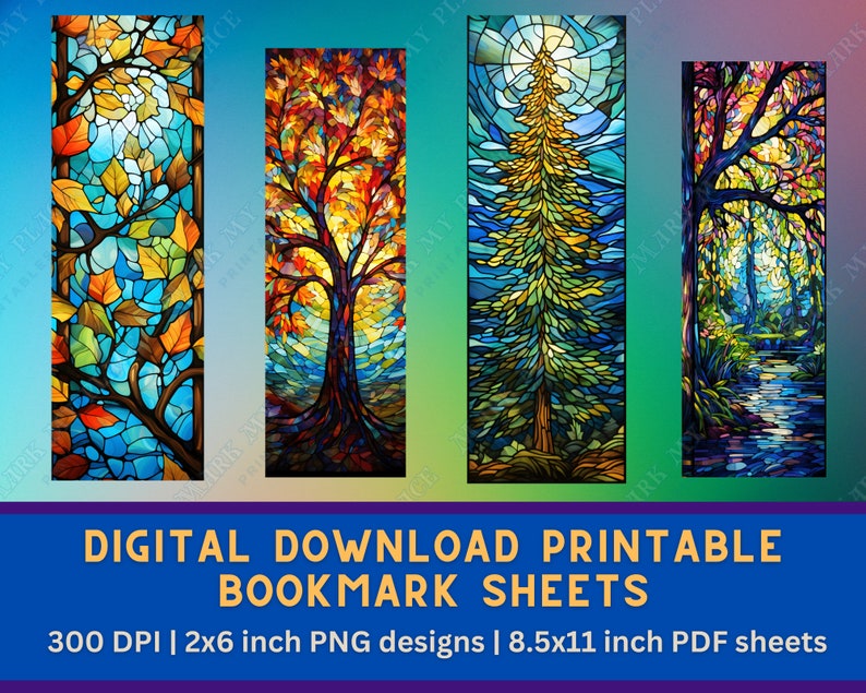 Stained Glass Tree Printable Bookmarks PNG Bundle | Beautiful Nature ...