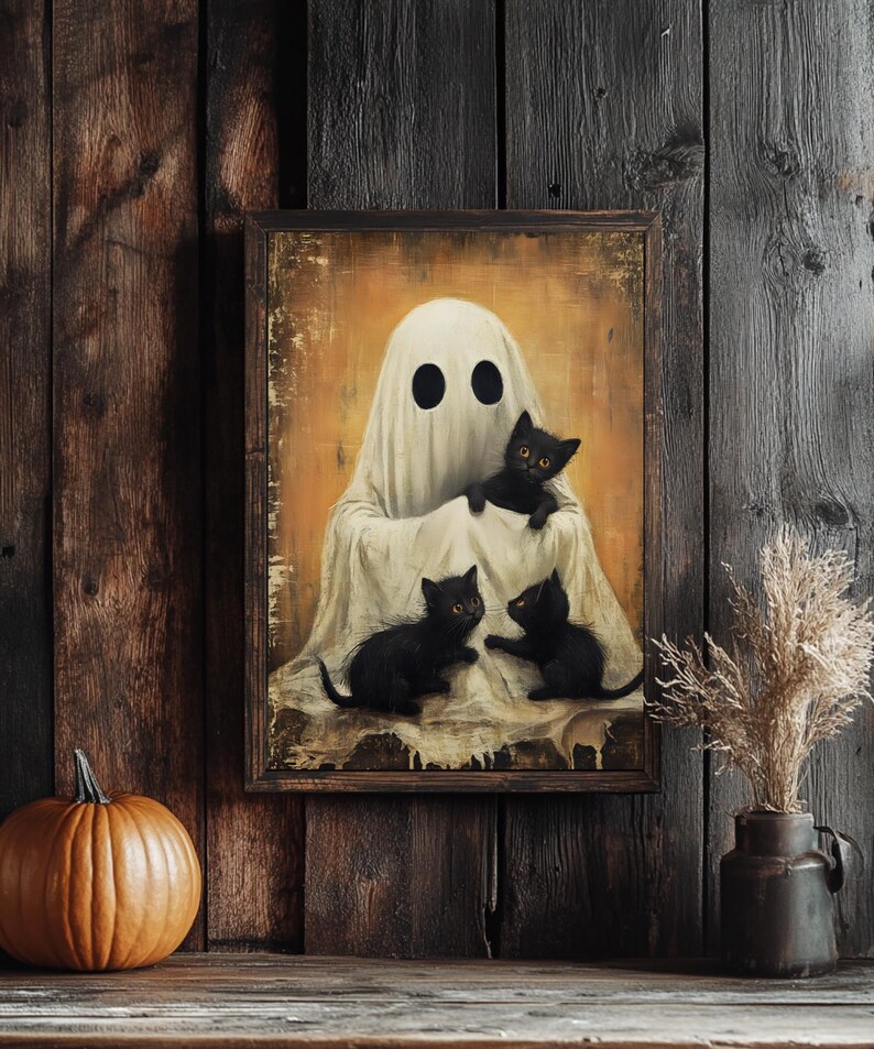 Vintage Ghost With Kittens Printable Halloween Wall Art | Cat Lover ...