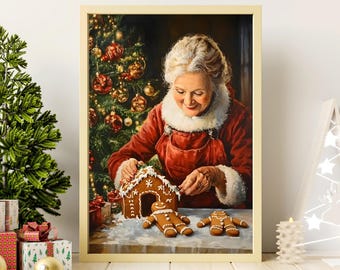 Mrs Claus with Gingerbread Christmas Wall Art | Christmas Party Gingerbread Decor | Vintage Santa Print | Cozy Christmas Kitchen Cottagecore