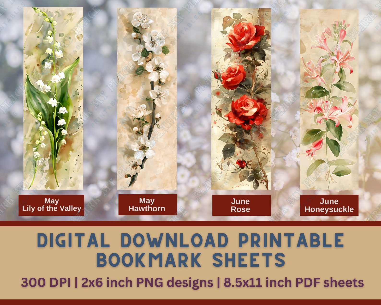 Birth Flower Printable Bookmarks PNG Bundle | Floral Bookmark | Nature ...