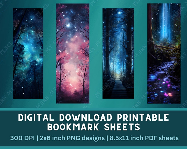 Starry Forest Printable Bookmark PNG Bundle | Fantasy Forest Bookmark ...