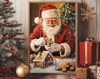 Santa with Gingerbread Christmas Wall Art | Christmas Party Gingerbread Decor | Vintage Santa Print | Cozy Christmas Kitchen Cottagecore