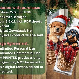 May include: Digital download featuring two bookmark designs. Each bookmark showcases a puppy wearing a Santa hat, nestled in a basket with a red and black plaid lining. The image includes text about the product and usage agreement.