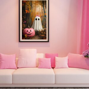 May include: A white ghost with a pink bow is standing in a forest with a pink pumpkin. The background is a painting of a forest with autumn leaves.