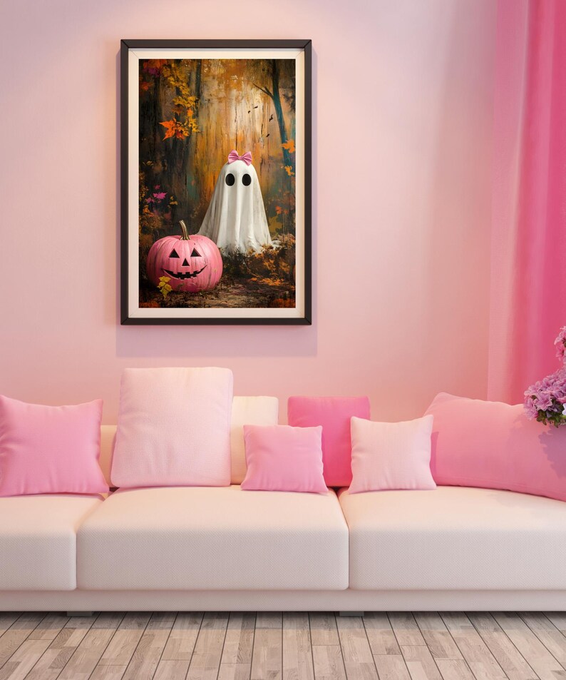 May include: A white ghost with a pink bow is standing in a forest with a pink pumpkin. The background is a painting of a forest with autumn leaves.