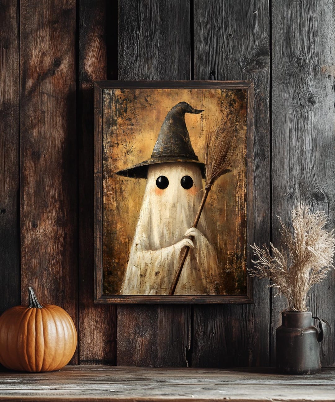 Ghost Witch With Broom Printable Halloween Wall Art | Vintage Witch ...