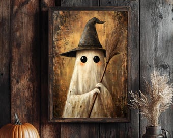 Utskrivbar Halloween-väggkonst med spökhäxa och kvast | Vintage häxa-Halloweenaffisch | Konsttryck med spökporträtt, gotisk dekoration | Spöksäsong