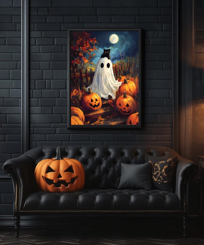 Vintage Ghost With Cat Printable Halloween Wall Art | Cat Lover ...