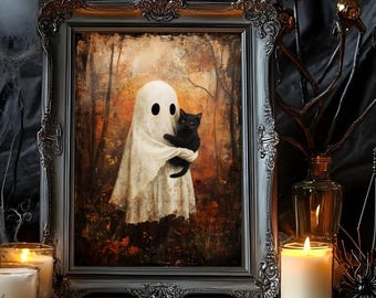 May include: A framed Halloween-themed artwork depicts a ghost figure holding a black cat in a forest setting. The artwork is in a silver ornate frame. The scene is complemented by lit candles, spiderwebs, and decorative branches, creating a spooky ambiance.
