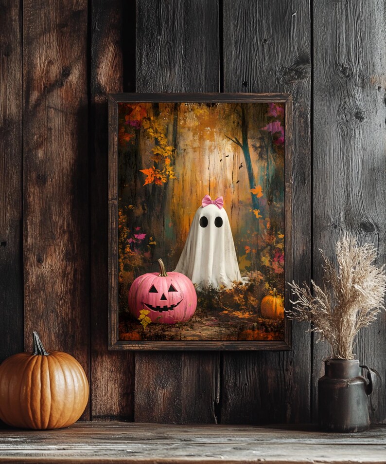 May include: A framed painting of a white ghost with a pink bow in an autumn woodland setting. A pink jack-o'-lantern sits in the foreground.