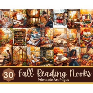 Herbst Leseecke druckbare Seiten | Gemütliche Herbst Wand Kunst | Scrapbook Papier | Buchliebhaber Kunstdruck Klein | Junk-Journal Zubehör