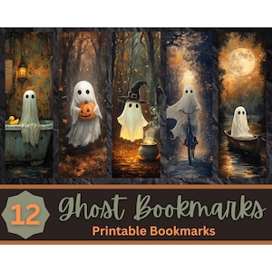 May include: Set of 12 printable ghost bookmarks. Each bookmark features a cute ghost in a different spooky setting. The bookmarks are perfect for Halloween or any time of year.