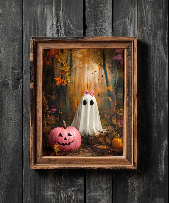 Coquette Ghost with Pumpkin Printable Halloween Wall Art | Dark Autumn Forest Pink Halloween Ghost Art Print | Gothic Decor Dark Cottagecore