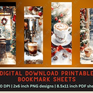 May include: Four printable bookmark designs featuring wintery scenes with coffee and holiday decorations. The designs include a coffee shop window, a coffee maker pouring espresso, a cup of coffee with a red ribbon, and a snowy window scene.