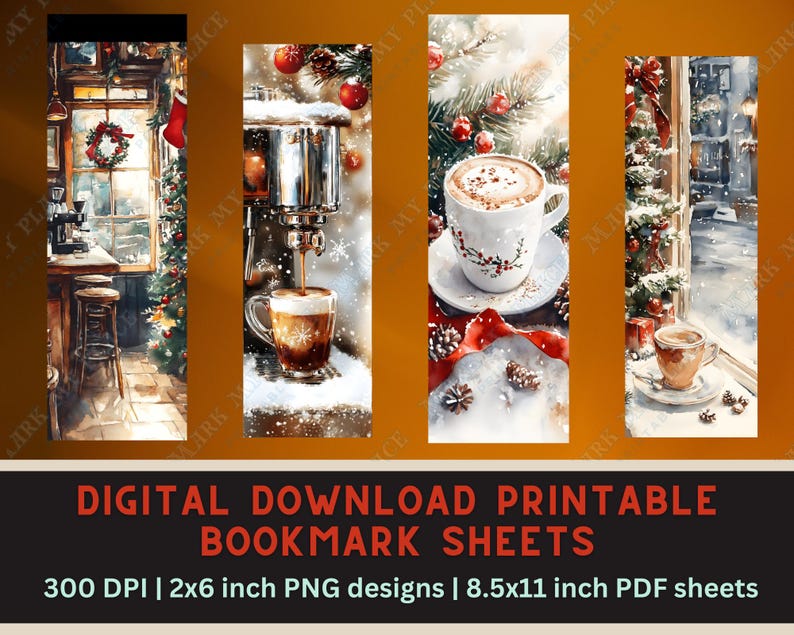 May include: Four printable bookmark designs featuring wintery scenes with coffee and holiday decorations. The designs include a coffee shop window, a coffee maker pouring espresso, a cup of coffee with a red ribbon, and a snowy window scene.