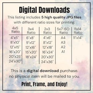 May include: A chart showing different print sizes for digital downloads. The chart includes five columns labelled 4x5 Ratio, 3x4 Ratio, 2x3 Ratio, 5x7 ISO Ratio, and 11x14 Ratio. Each column lists different sizes in inches, such as 4"x5", 8"x10", 12"x15", 16"x20", 20"x25", and 24"x30". The chart also includes standard paper sizes like A4, A3, A2, and A1.