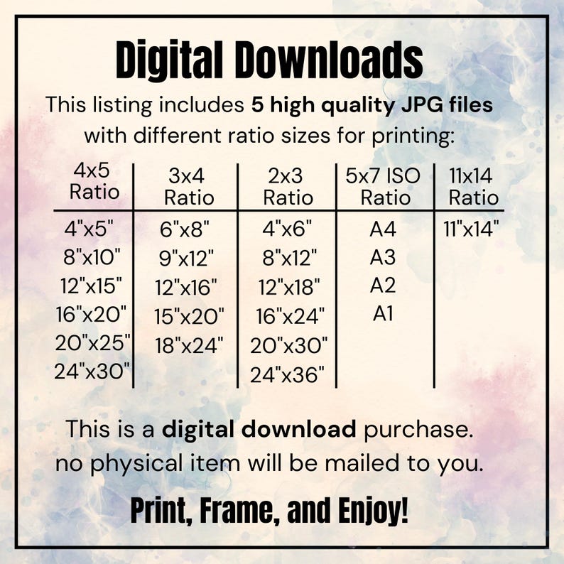 May include: A chart showing different print sizes for digital downloads. The chart includes five columns labelled 4x5 Ratio, 3x4 Ratio, 2x3 Ratio, 5x7 ISO Ratio, and 11x14 Ratio. Each column lists different sizes in inches, such as 4"x5", 8"x10", 12"x15", 16"x20", 20"x25", and 24"x30". The chart also includes standard paper sizes like A4, A3, A2, and A1.