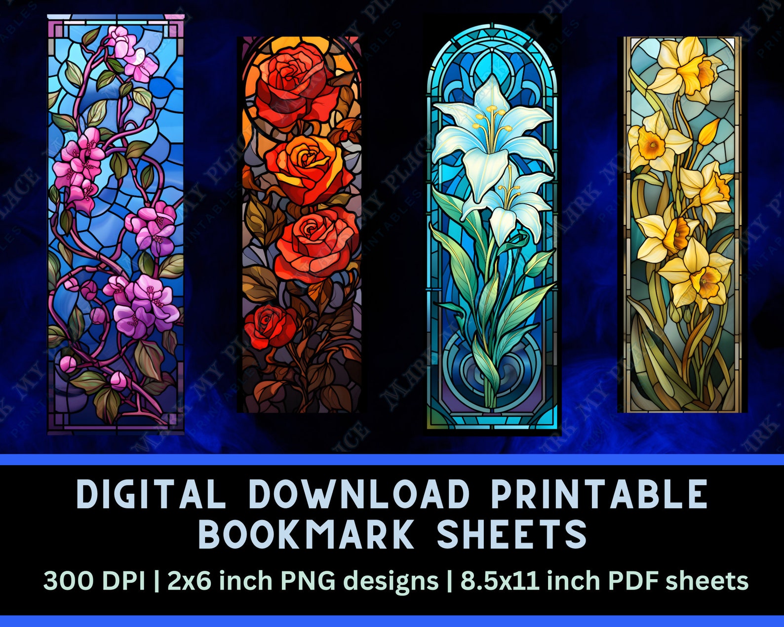 Stained Glass Flower Printable Bookmarks PNG Bundle | Flower Bookmark ...