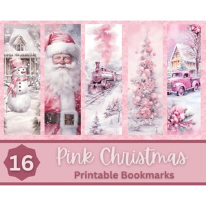 May include: Set of 16 pink Christmas printable bookmarks. Each bookmark features a watercolor illustration of a winter scene, including a snowman, Santa Claus, a train, a Christmas tree, and a pink truck. The words "Pink Christmas" and "Printable Bookmarks" are also displayed.