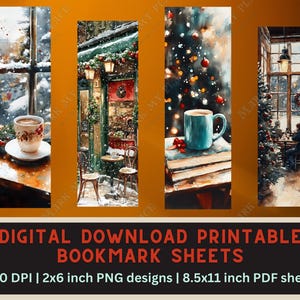 May include: Four printable bookmark designs featuring winter scenes with a warm beverage. The designs include a snowy window, a cafe storefront, a Christmas tree, and a window with a Christmas tree in the background. Each bookmark is 2 inches wide by 6 inches tall.