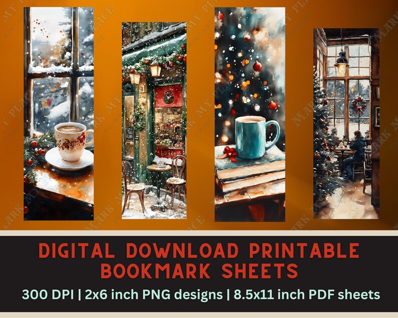 May include: Four printable bookmark designs featuring winter scenes with a warm beverage. The designs include a snowy window, a cafe storefront, a Christmas tree, and a window with a Christmas tree in the background. Each bookmark is 2 inches wide by 6 inches tall.