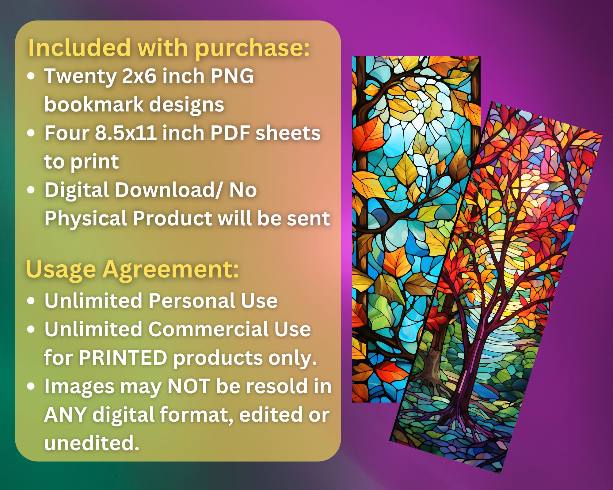 Stained Glass Tree Printable Bookmarks PNG Bundle | Beautiful Nature ...