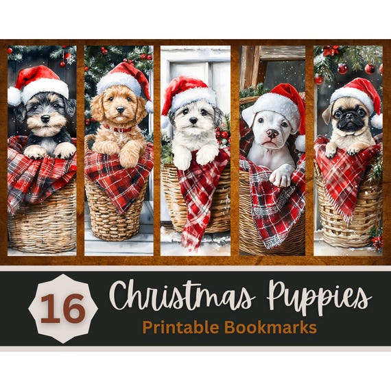 Cozy Christmas Puppy Printable Bookmarks | Country Christmas Bookmark | Book Lover Stocking Stuffer | Print Then Cut | Tall Skinny Art