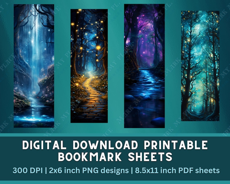 Starry Forest Printable Bookmark PNG Bundle | Fantasy Forest Bookmark ...