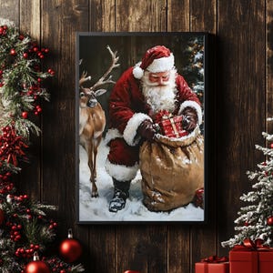Arte de parede natalina com Papai Noel carregando seu saco | Decoração natalina tradicional e aconchegante para casa | Imagem vintage do Papai Noel para imprimir | Natal com atmosfera sombria e melancólica