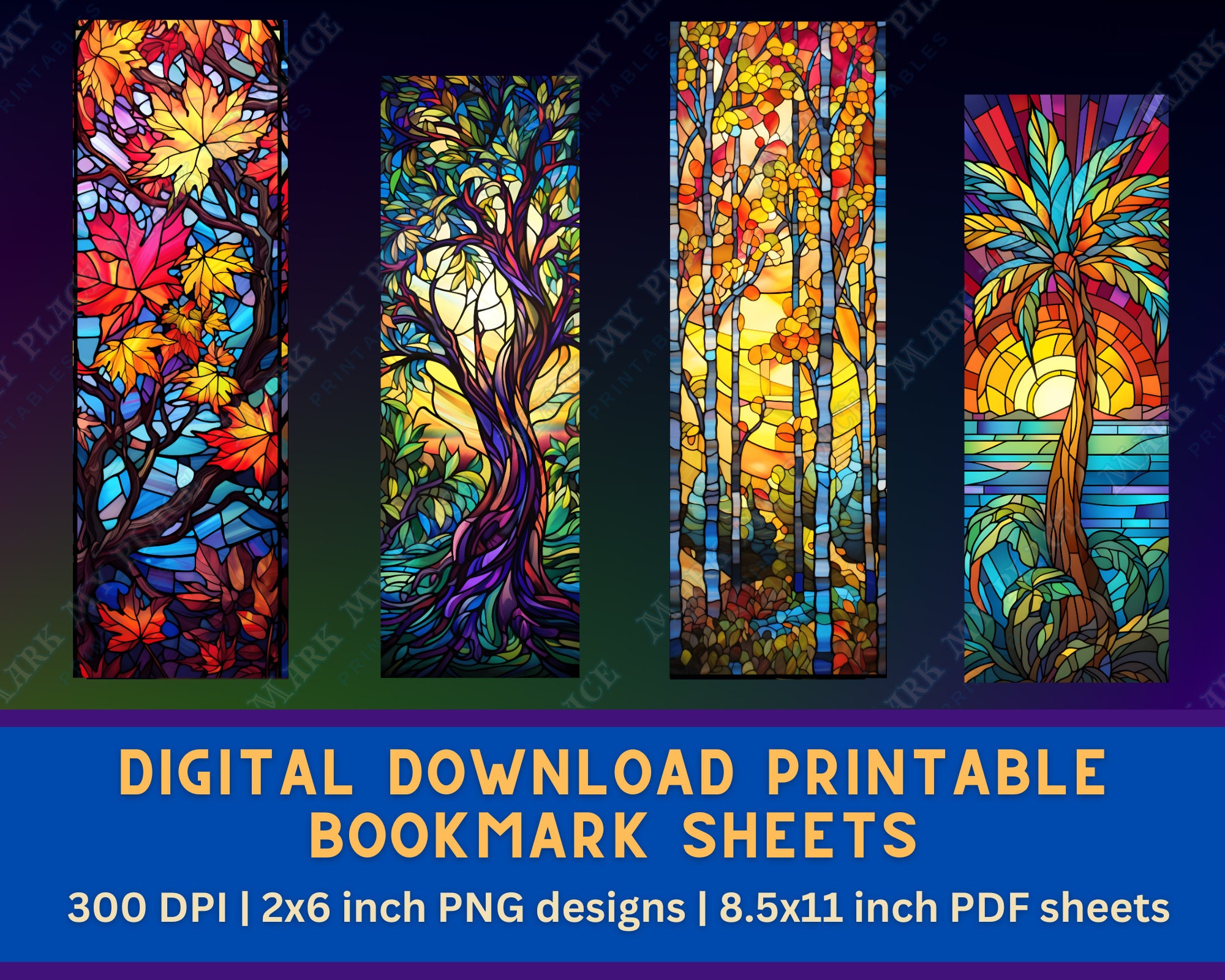 Stained Glass Tree Printable Bookmarks PNG Bundle | Beautiful Nature ...