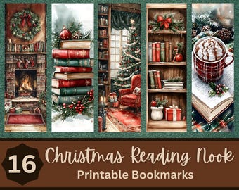 Puede incluir: Conjunto de 16 marcapáginas imprimibles de rincón de lectura navideño. Los marcapáginas presentan ilustraciones de una chimenea, una pila de libros, un árbol de Navidad, una estantería y una taza de chocolate caliente.