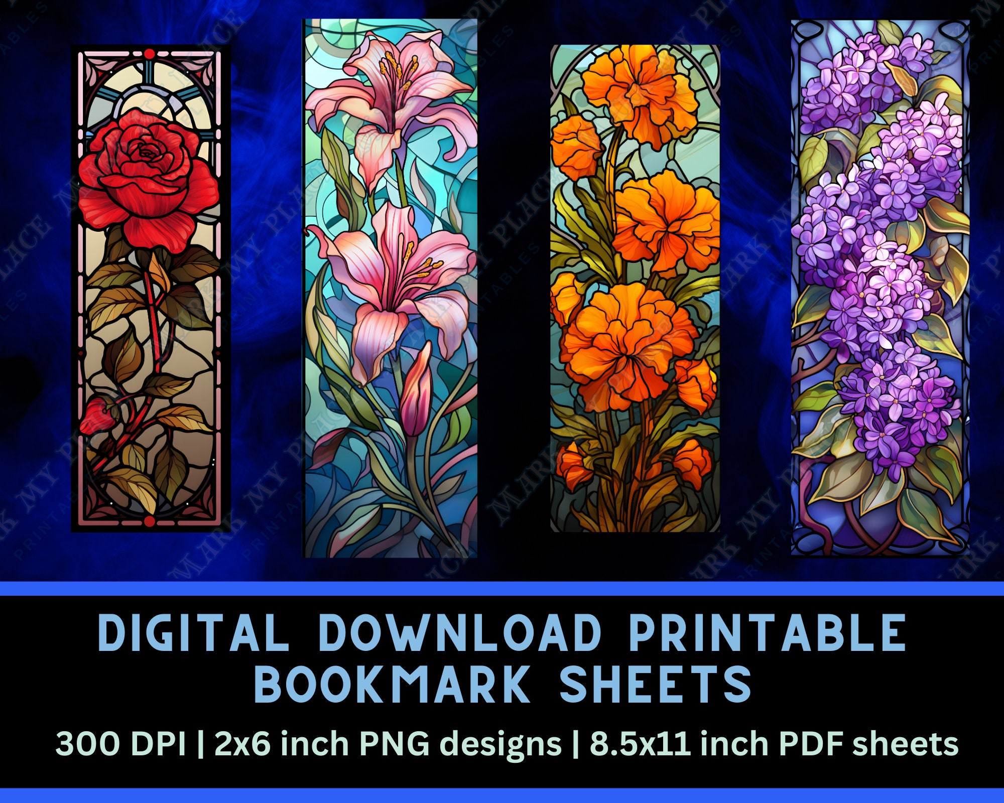Stained Glass Flower Printable Bookmarks PNG Bundle | Flower Bookmark ...