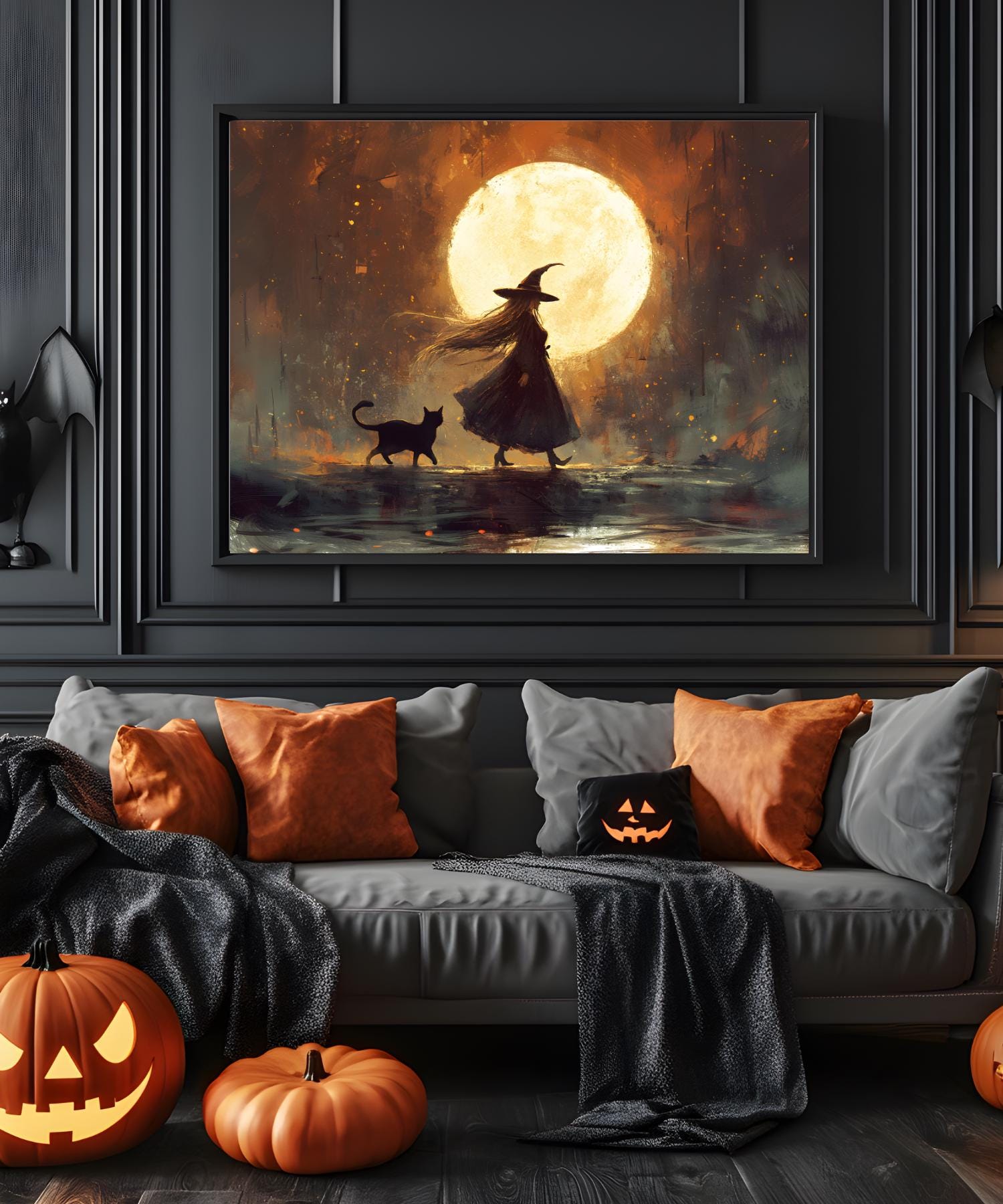 Whimsical Witch and Cat Printable Maximalist Halloween Wall Art | Witch ...