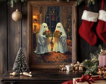 May include: A framed painting depicts two ghosts holding wrapped gifts in a festive Christmas scene. The artwork is set against a dark wooden background, adorned with Christmas decorations, including stockings and a small tree.