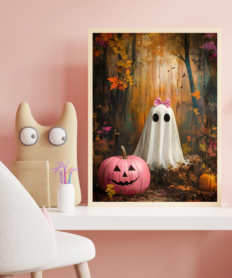 May include: A pink jack-o'-lantern with a friendly face sits in front of a white ghost wearing a pink bow in an autumn woodland setting.